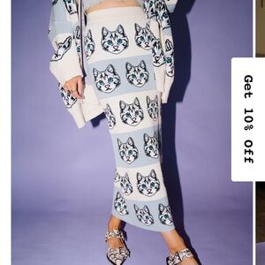 Cat Patterned Blue and White Skirt